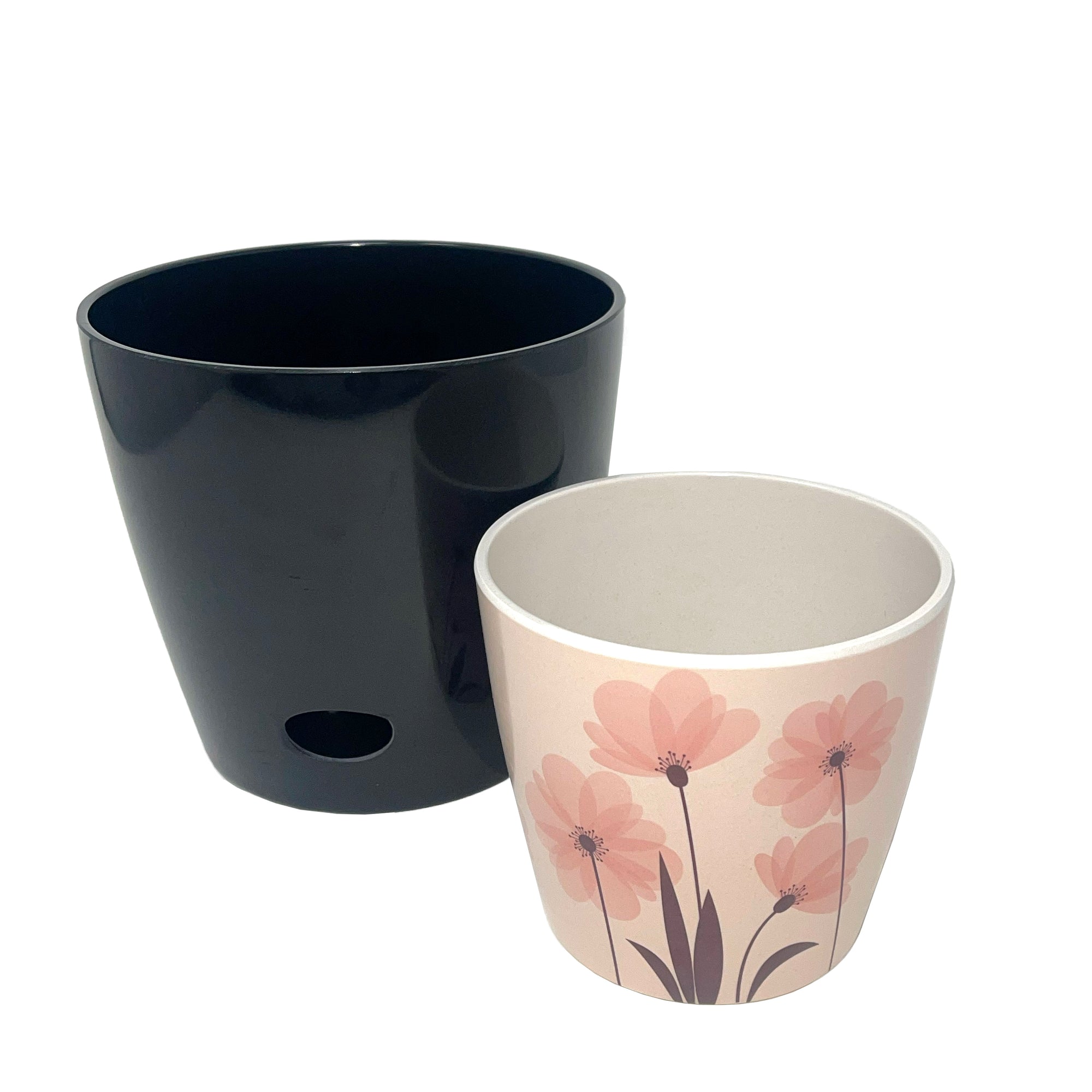Self-Watering Plant Pot Set of 2 5" Pink Flower & 7" Black Solid