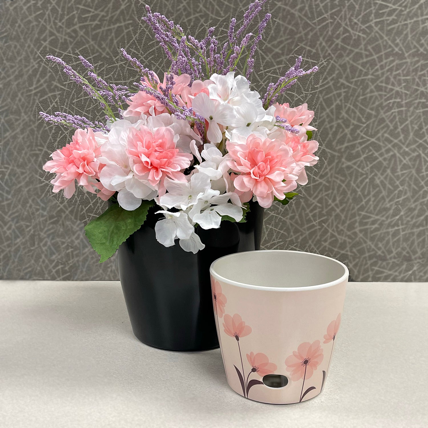 Self-Watering Plant Pot Set of 2 5" Pink Flower & 7" Black Solid