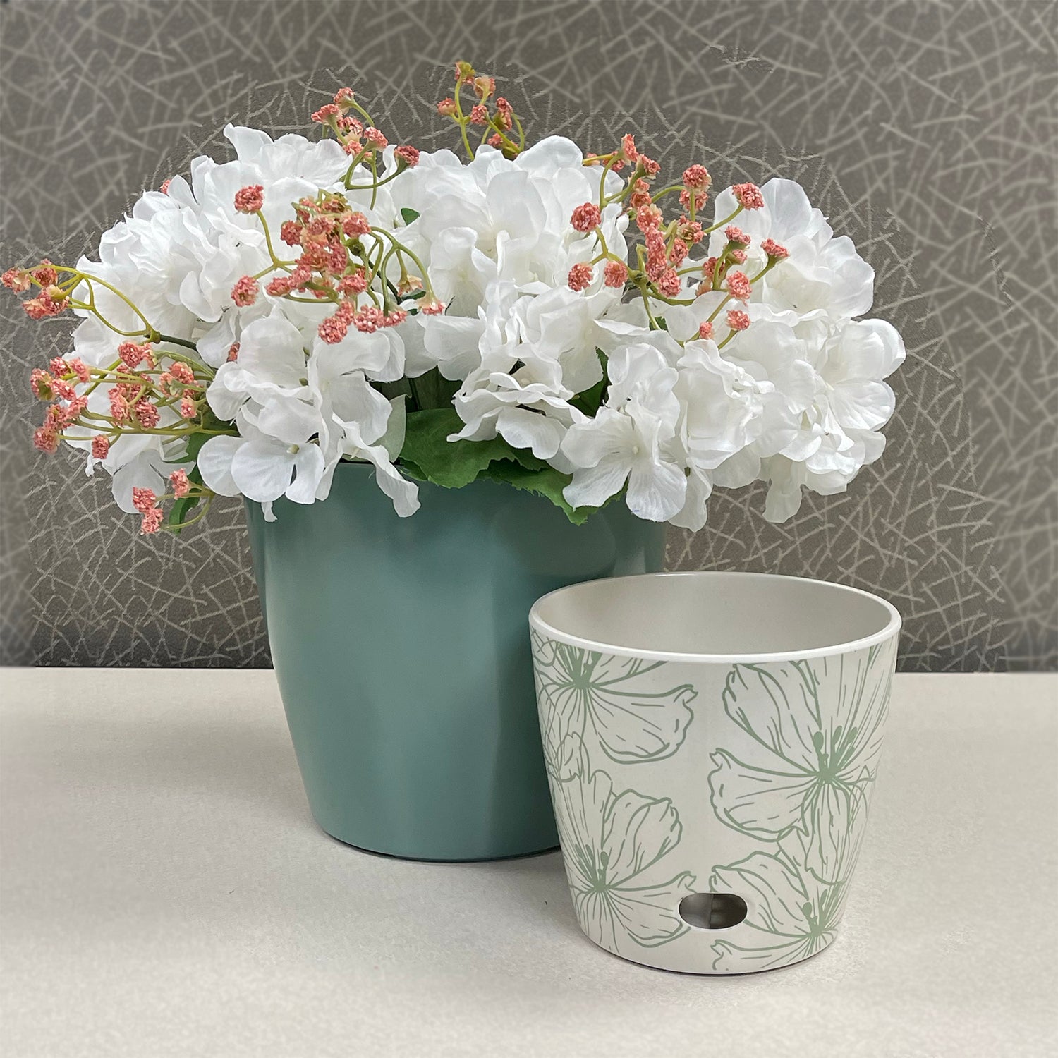 Self-Watering Plant Pot Set of 2 5" Green Flower & 7" Sage Green