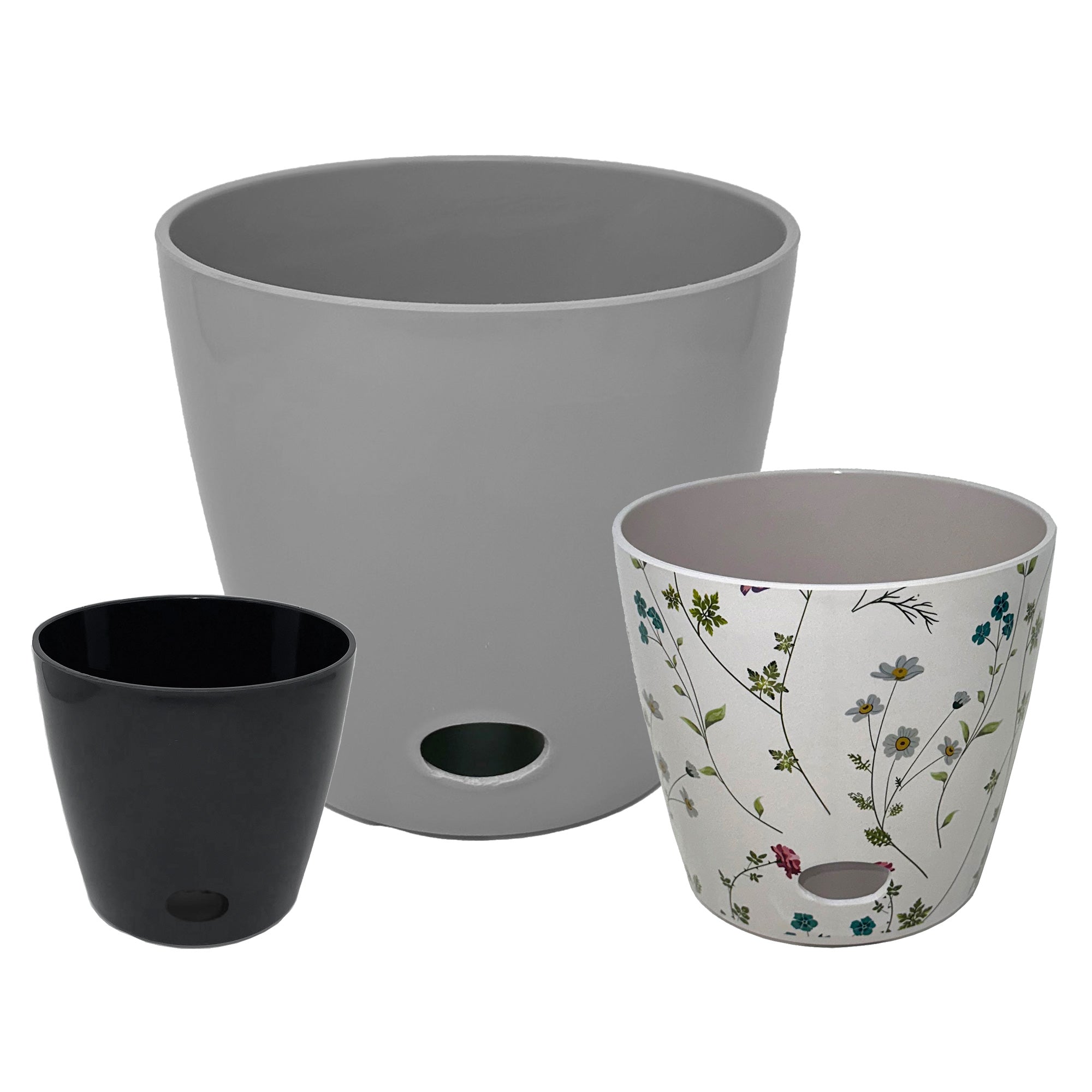 Self-Watering Plant Pot Set of 3 5" Black 7" Wildflower 10" Gray