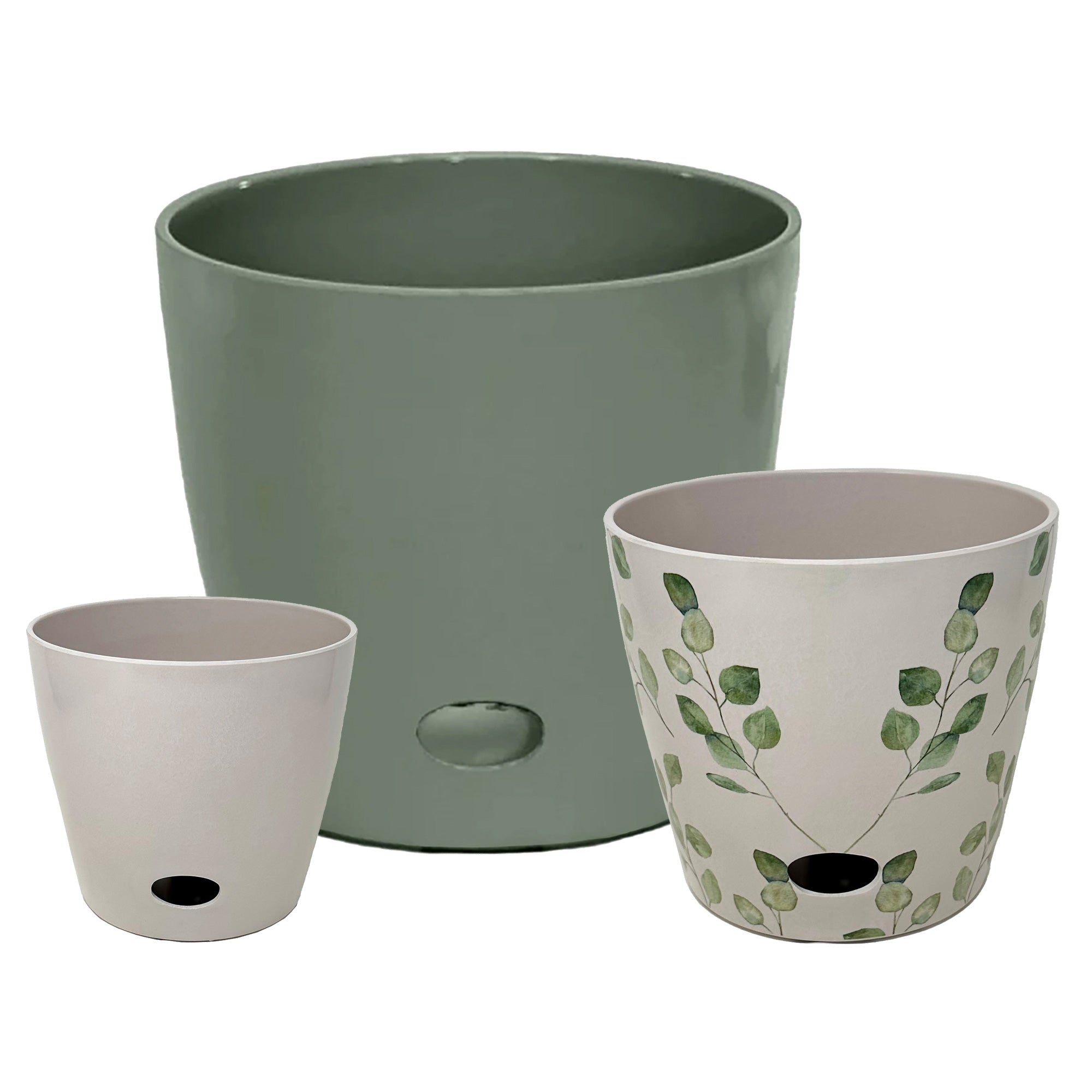 Self-Watering Plant Pot Set of 3 5" Cream 7" Green Leaves 10" Sage Green
