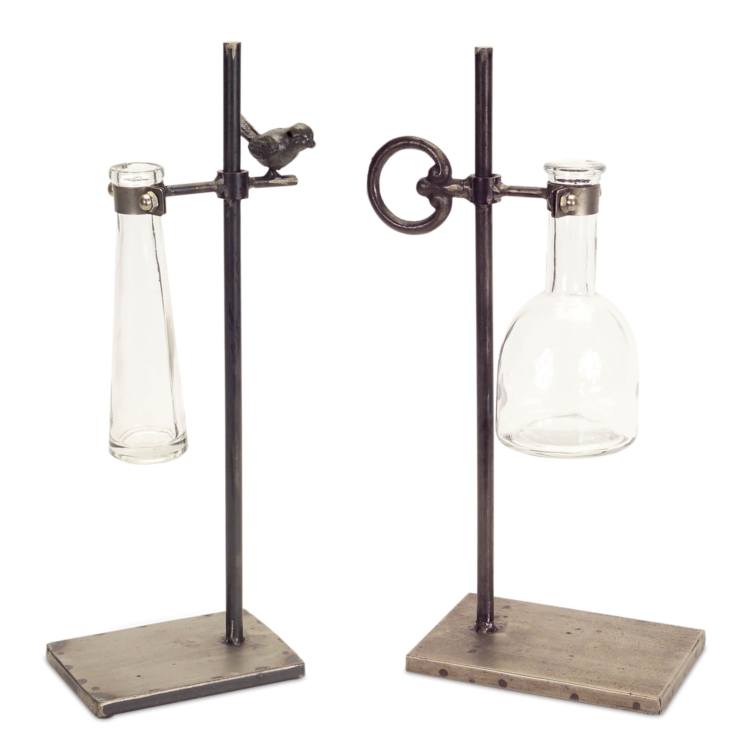 Stem Vase w/Stand (Set of 2) 14"-14.5"H Metal/Glass