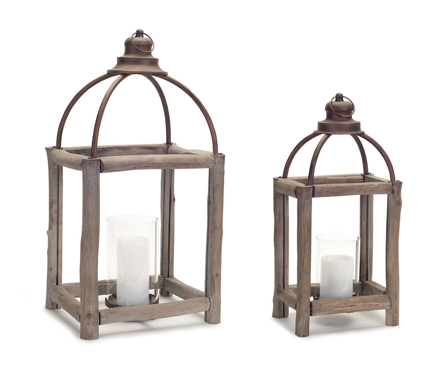 Lanterns (Set of 2) 20.5"H, 26"H Wood/Metal/Glass