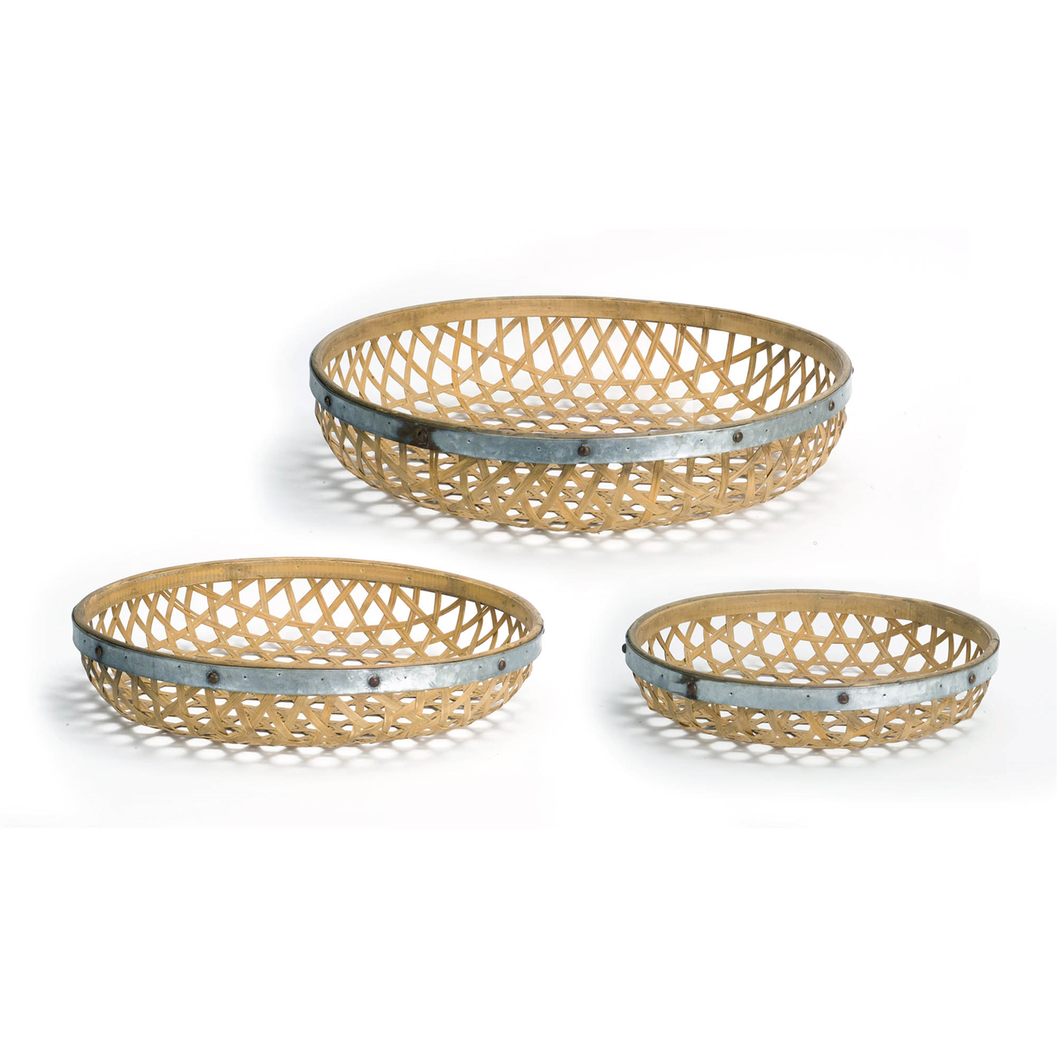 Round Woven Tray (Set of 3) 17"D, 20"D, 23.5"D Bamboo/Metal