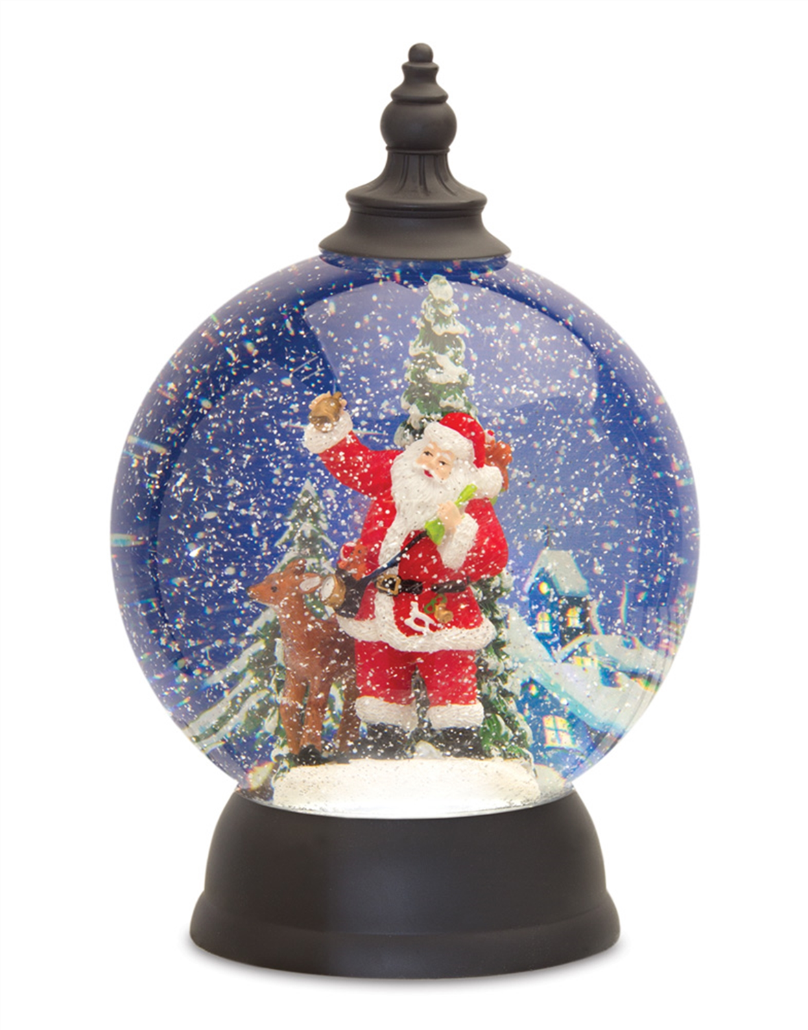 Santa in Sleigh Snow Globe 9.25”H Acrylic 6 Hr Timer 3 AA Batteries, Not Included