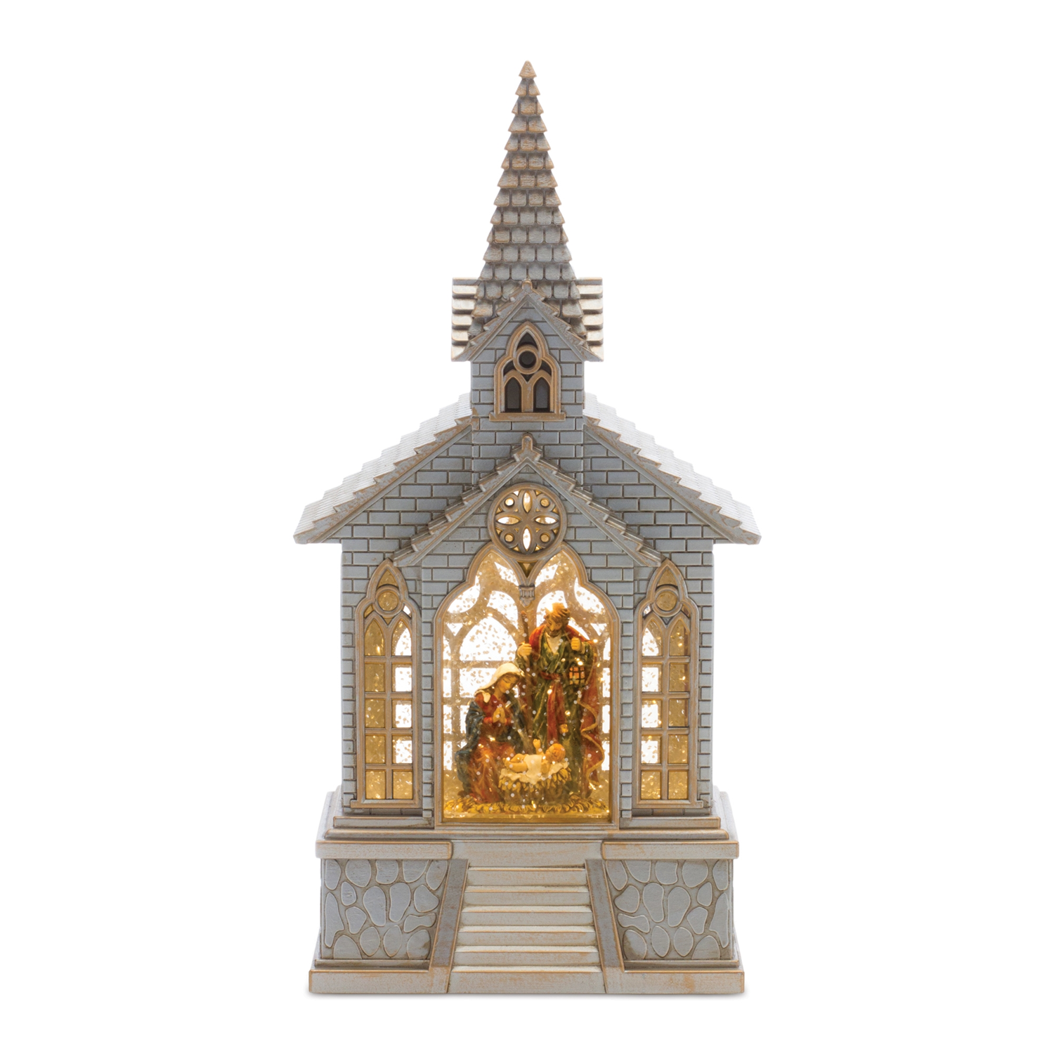 Snow Globe Church & Holy Family 11.25”H Plastic 6 Hr Timer 3AA Batteries Not Included or USB Cord In