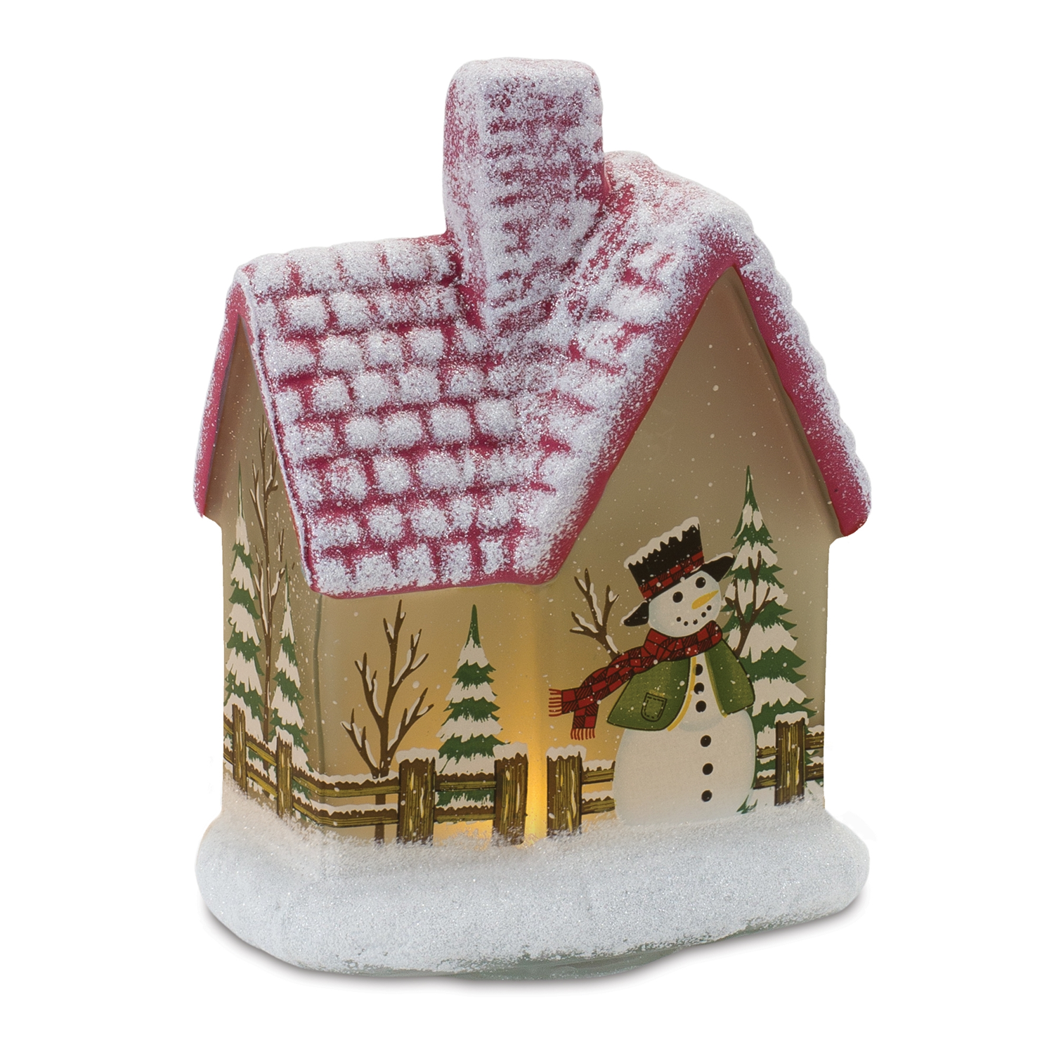 LED House w/Snowman (Set of 2) 7.5”H Glass 2 AAA Batteries, Not Included