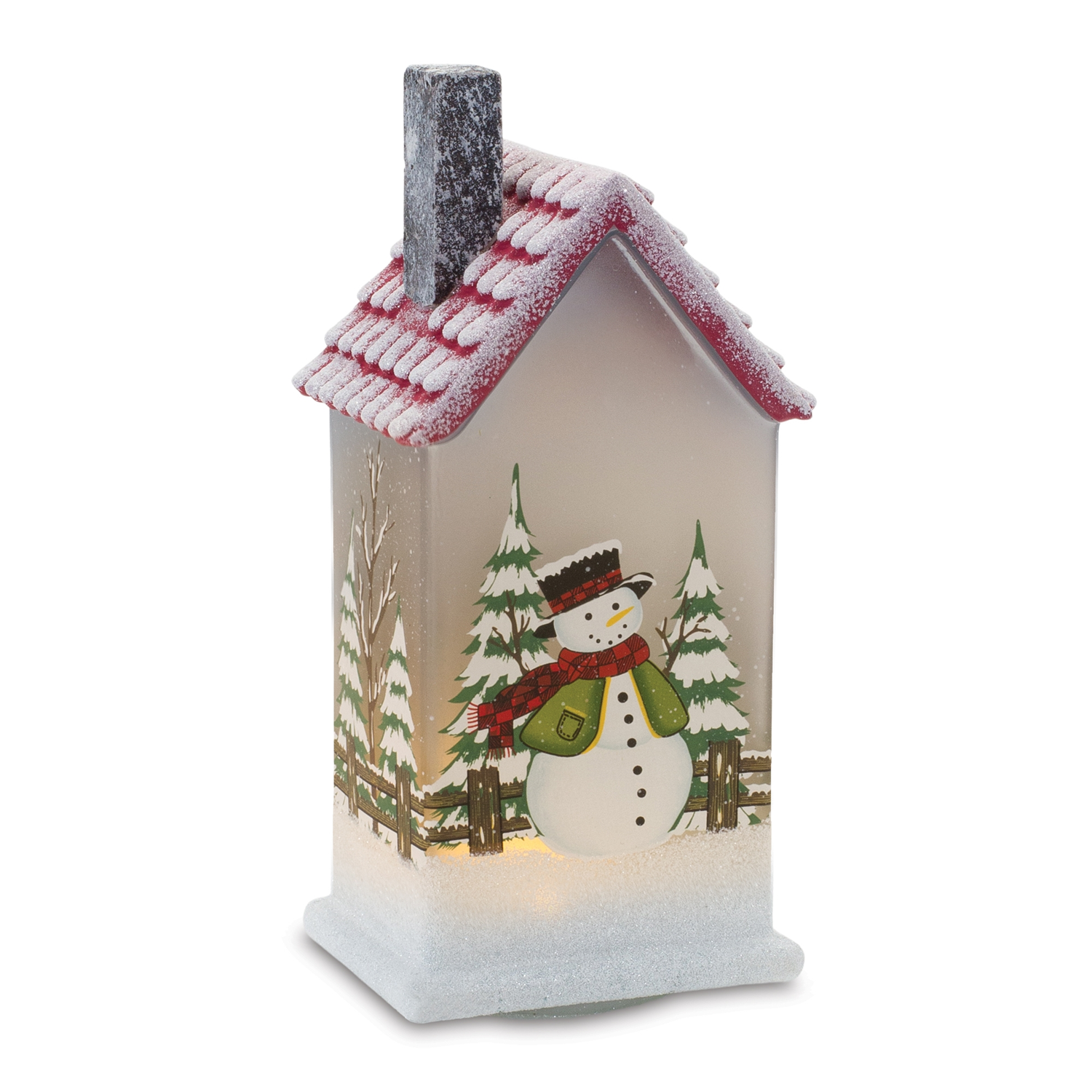 LED House w/Snowman (Set of 2) 9”H Glass 2 AAA Batteries, Not Included