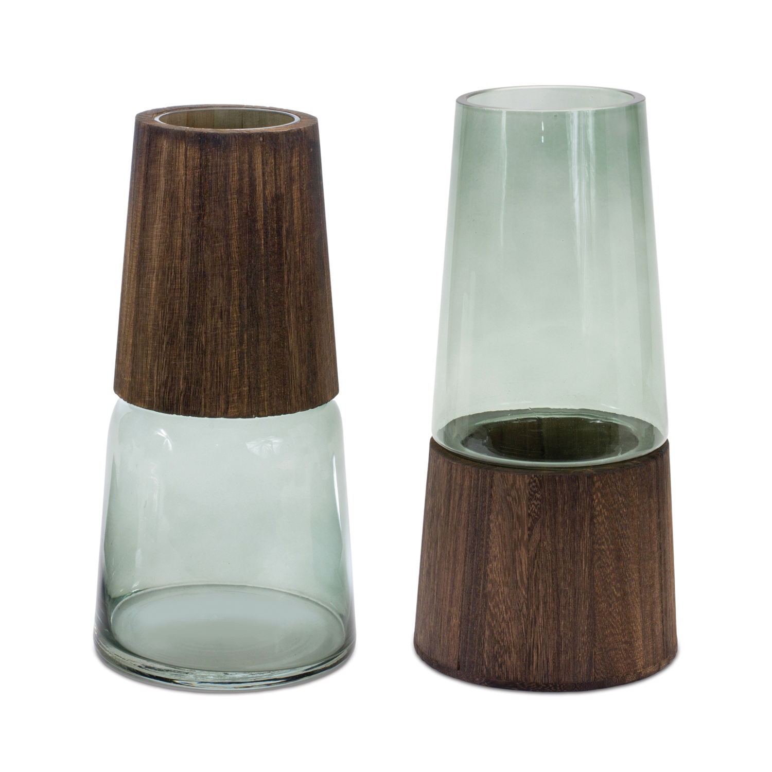 Vase (Set of 2) 5.5"D x 11"H, 5.5"D x 11"H Glass/Wood