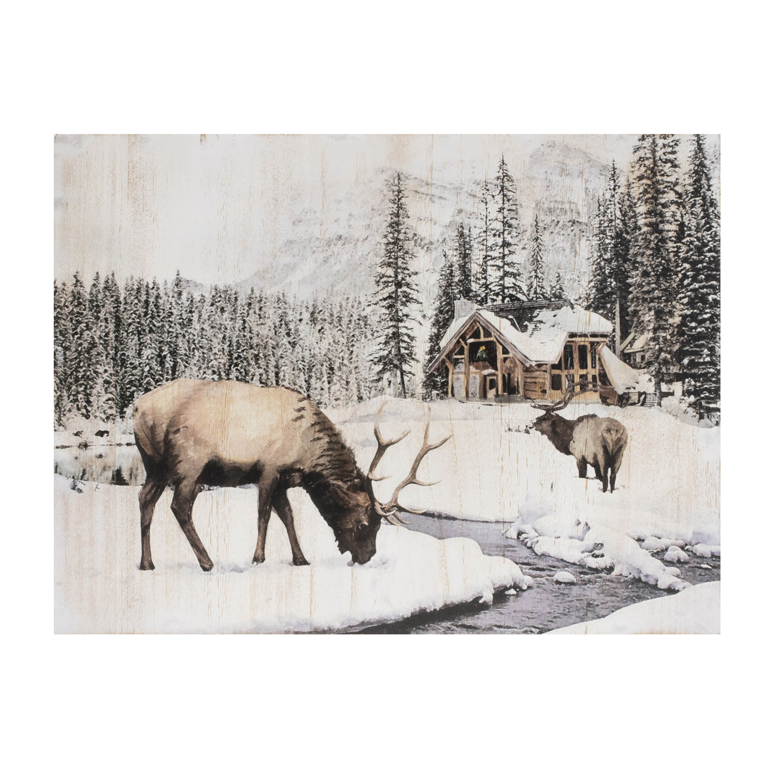 Reindeer and Lodge Plaque 18.5"L x 14"H Wood