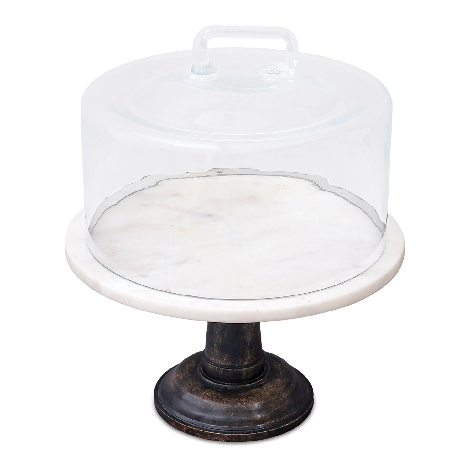 Covered Cake Stand 12"D x 14"H Marble/Glass/Wood