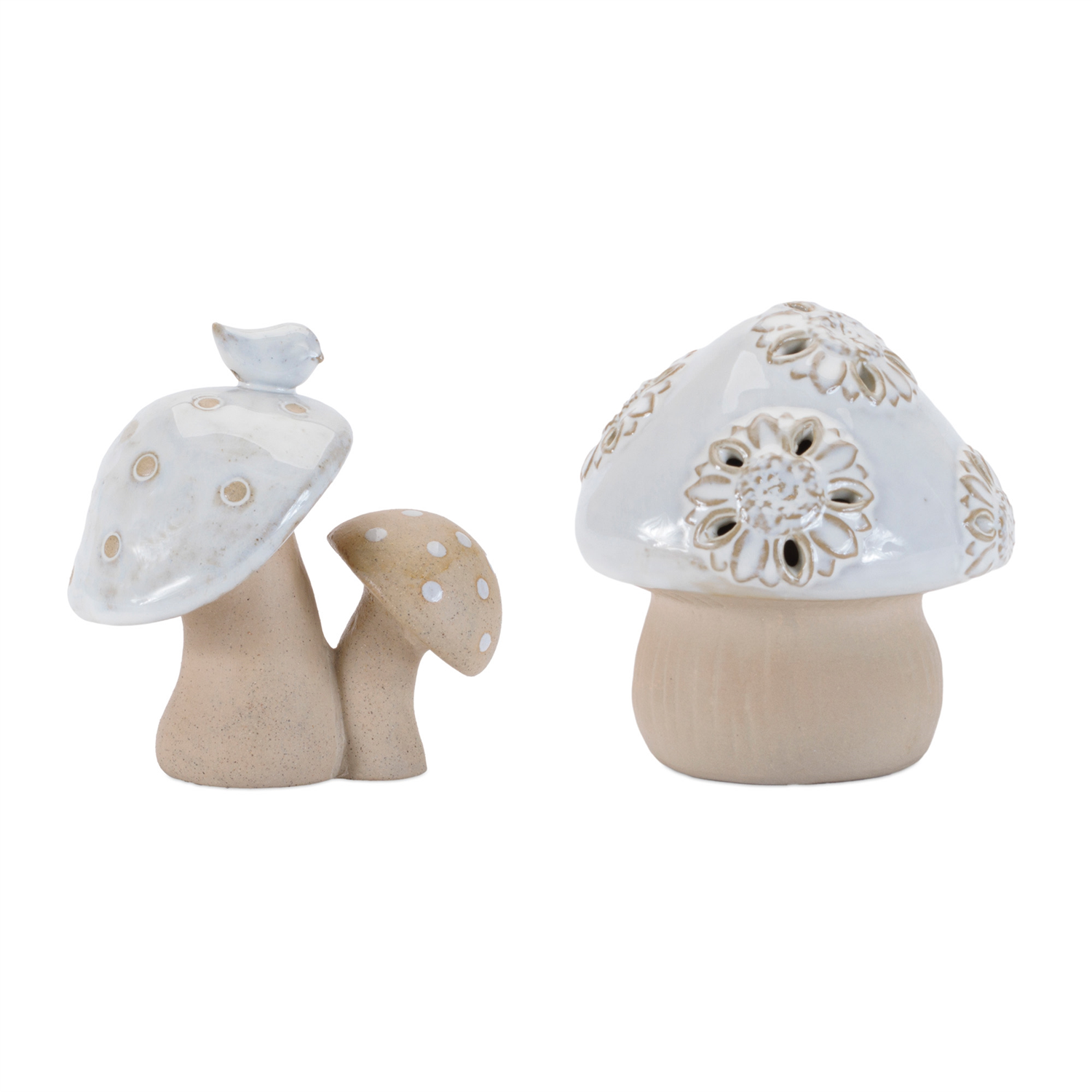 Double Mushroom w/Bird and Mushroom (Set of 6) 4.5”H Porcelain