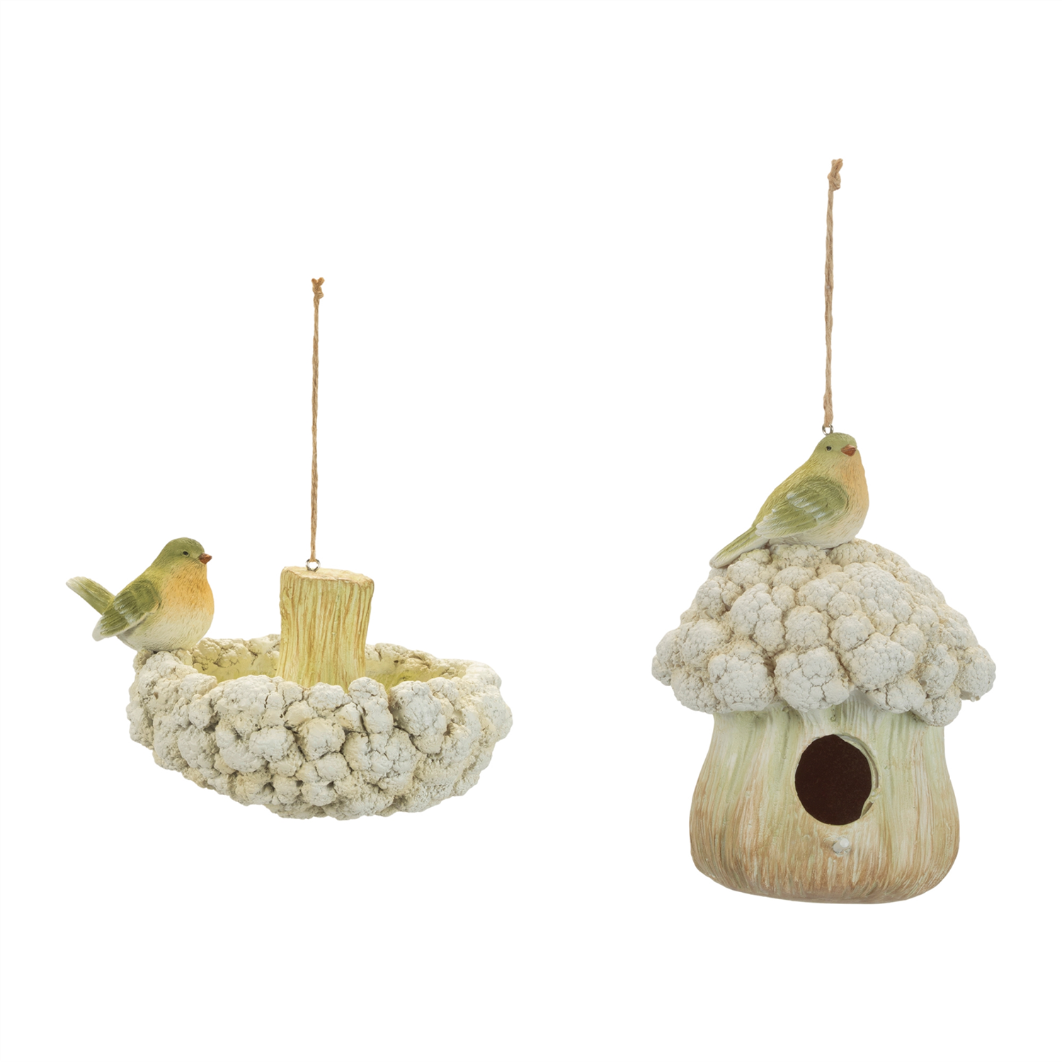Bird House and Bird Bath Ornament (Set of 2) 4"H, 7.25"H Resin