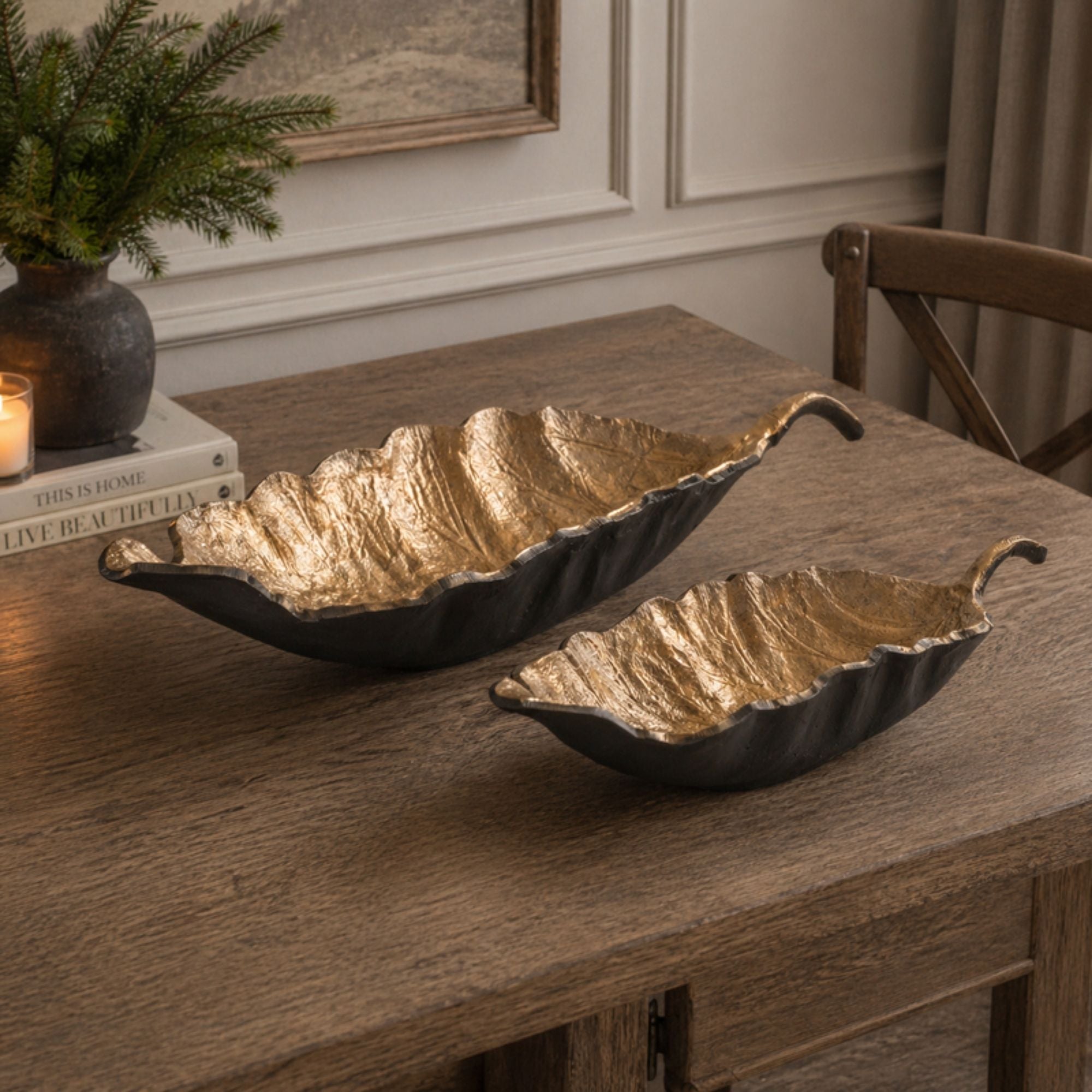 Leaf Platter (Set of 2) 24.5"L x 5.5"H, 31.75"L x 7"H Aluminum