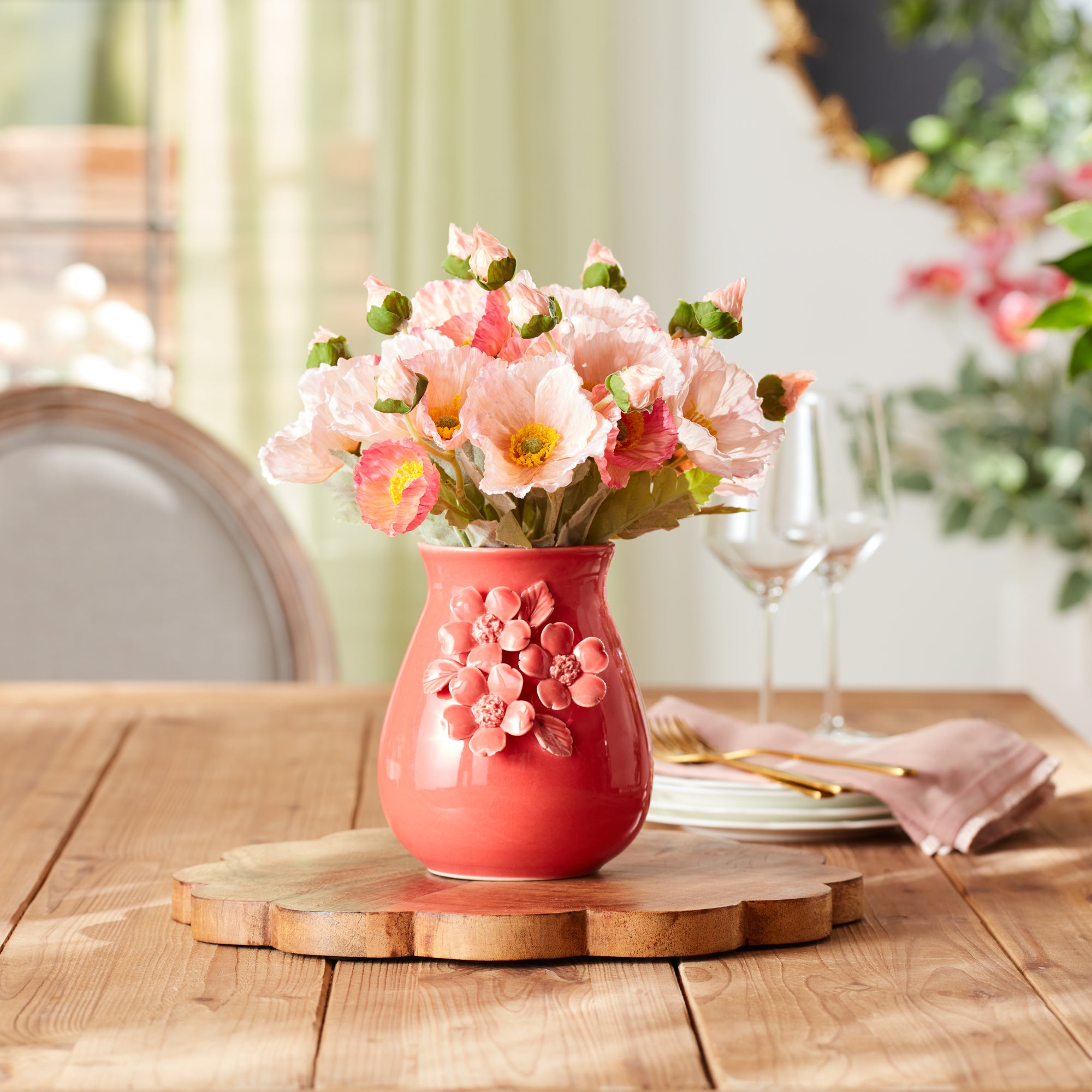 Vase w/Floral (Set of 2) 6.5”H Stoneware