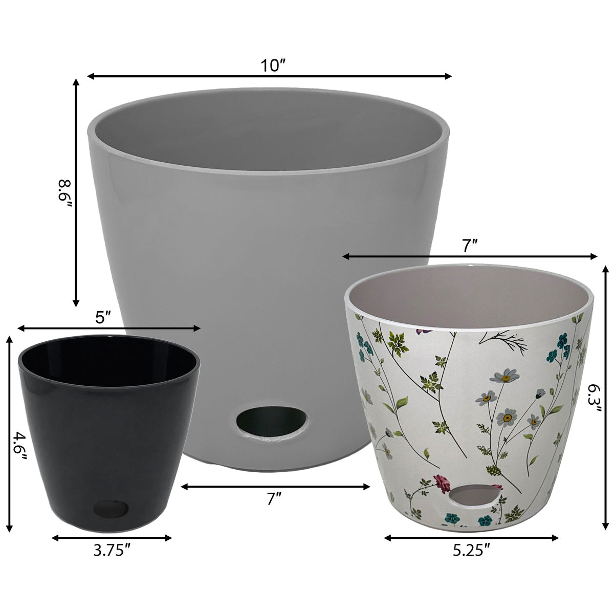 Self-Watering Plant Pot Set of 3 5" Black 7" Wildflower 10" Gray