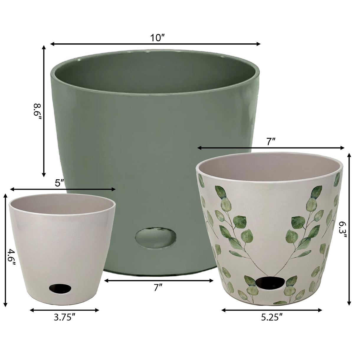 Self-Watering Plant Pot Set of 3 5" Cream 7" Green Leaves 10" Sage Green