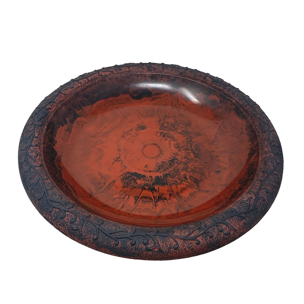 28" Red/Charcoal Fiber Clay Birdbath on Black Metal Base